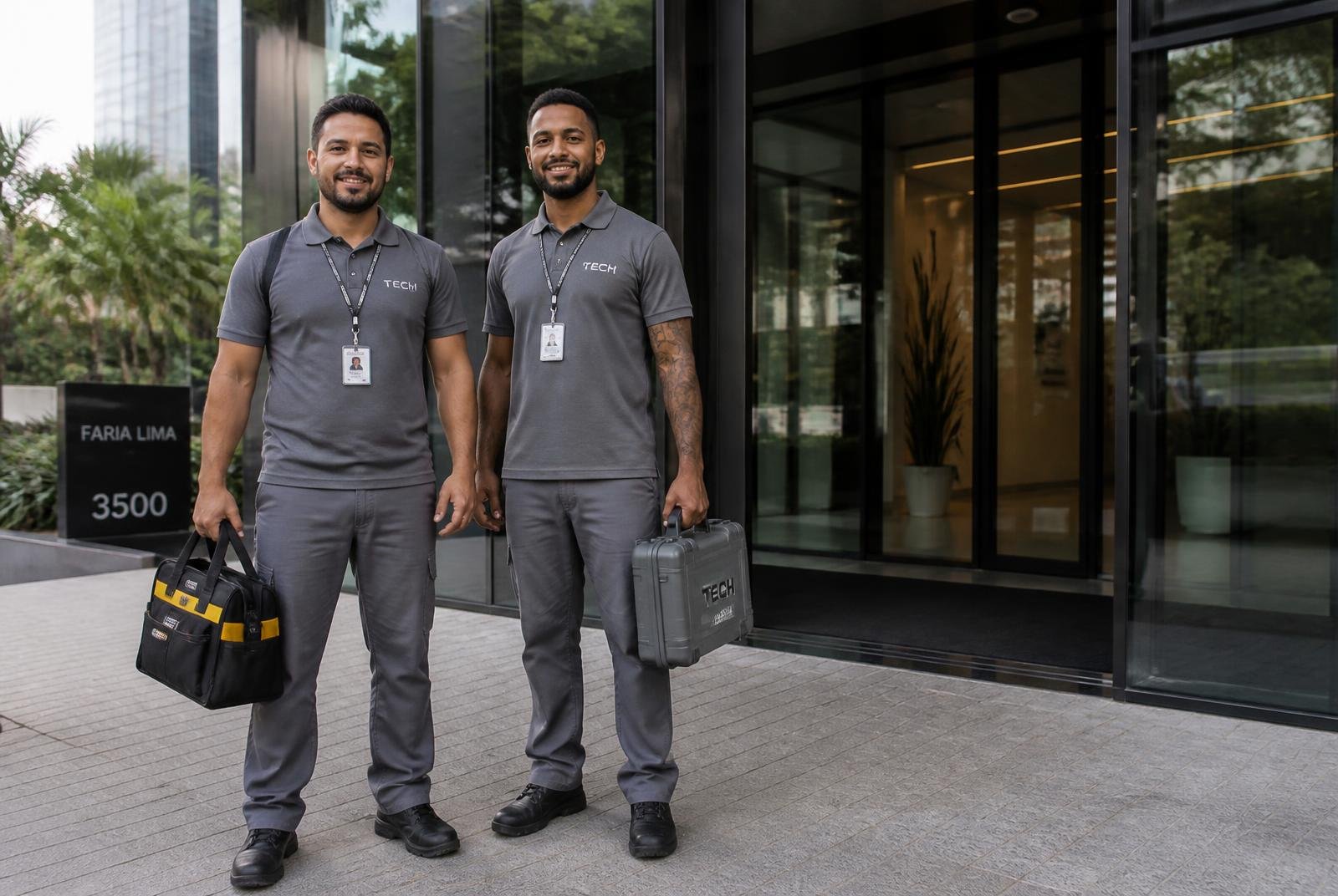 Equipe técnica da Control Combat com maletas de equipamentos em frente a um prédio comercial em São Paulo