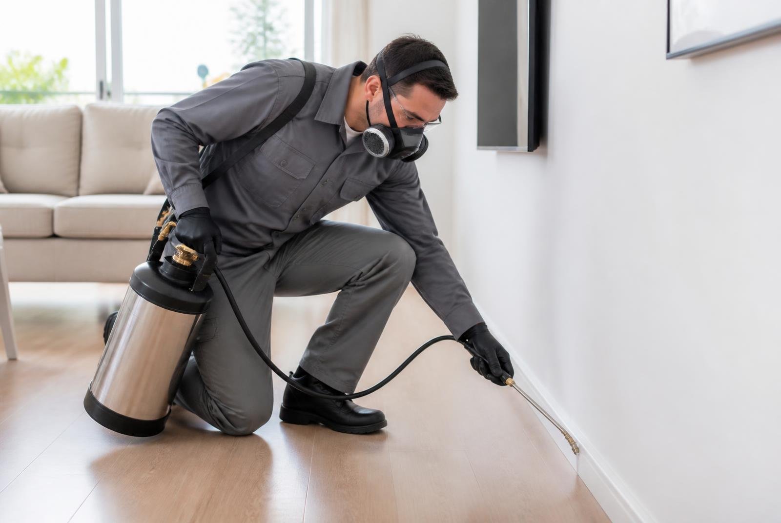 Técnico uniformizado aplicando produto de dedetização no rodapé de uma sala residencial em São Paulo