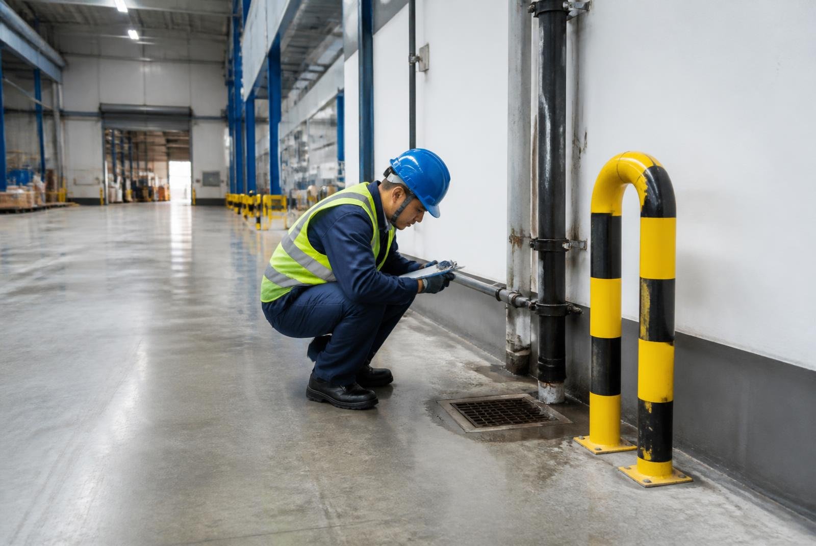 Técnico inspecionando tubulação e ralo no piso de um galpão industrial limpo e organizado